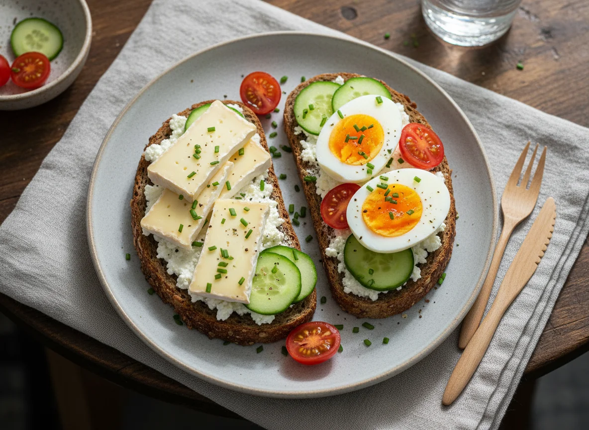 Vollkornbrot mit Camembert, Hüttenkäse, Ei und Gemüse photo