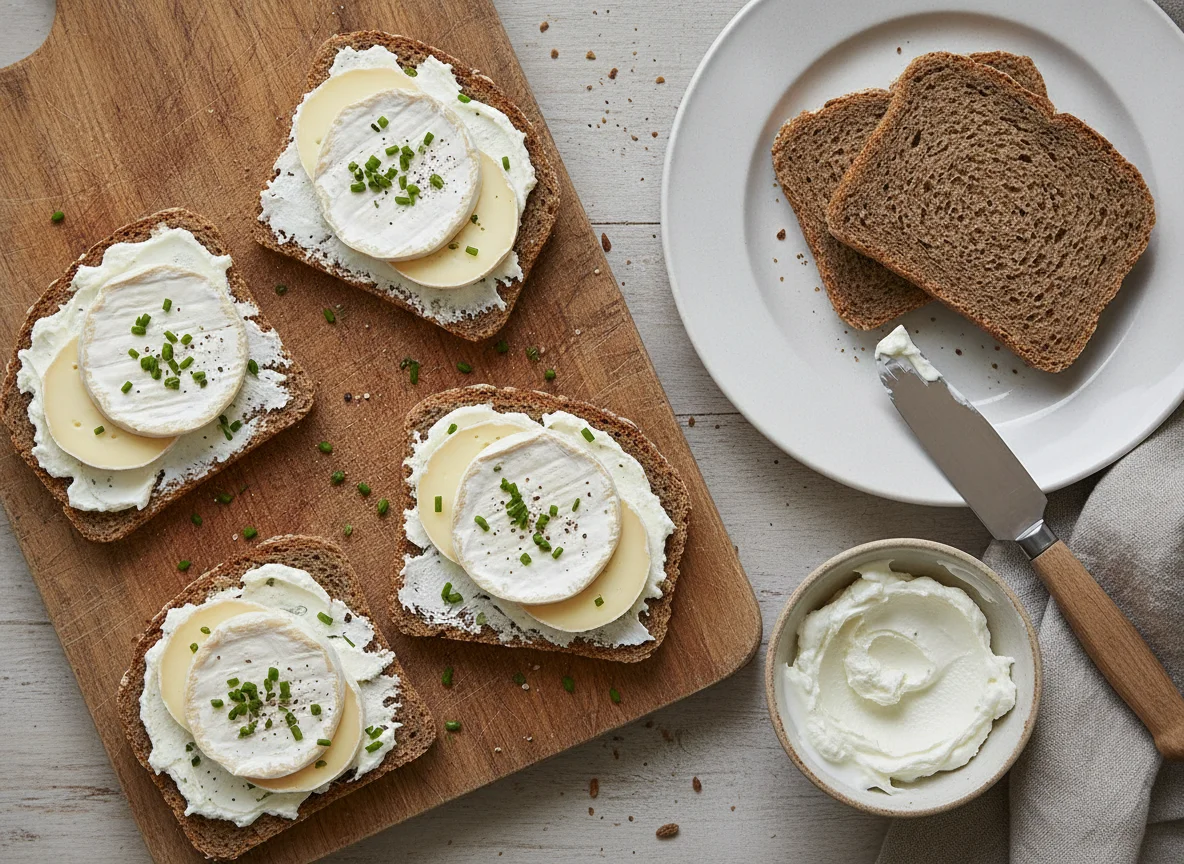 Vollkornbrot mit Camembert und Frischkäse photo