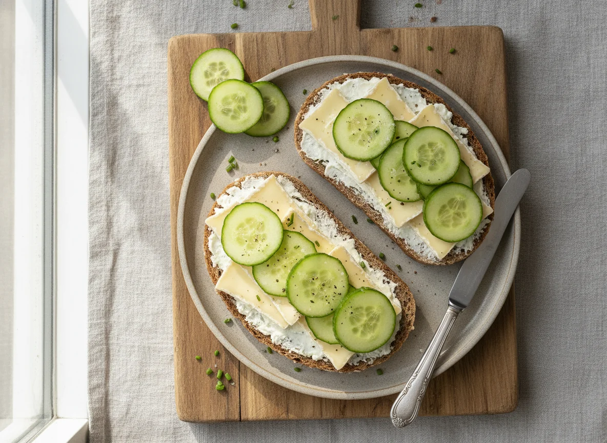 Vollkornbrot mit Camembert und Gurke photo