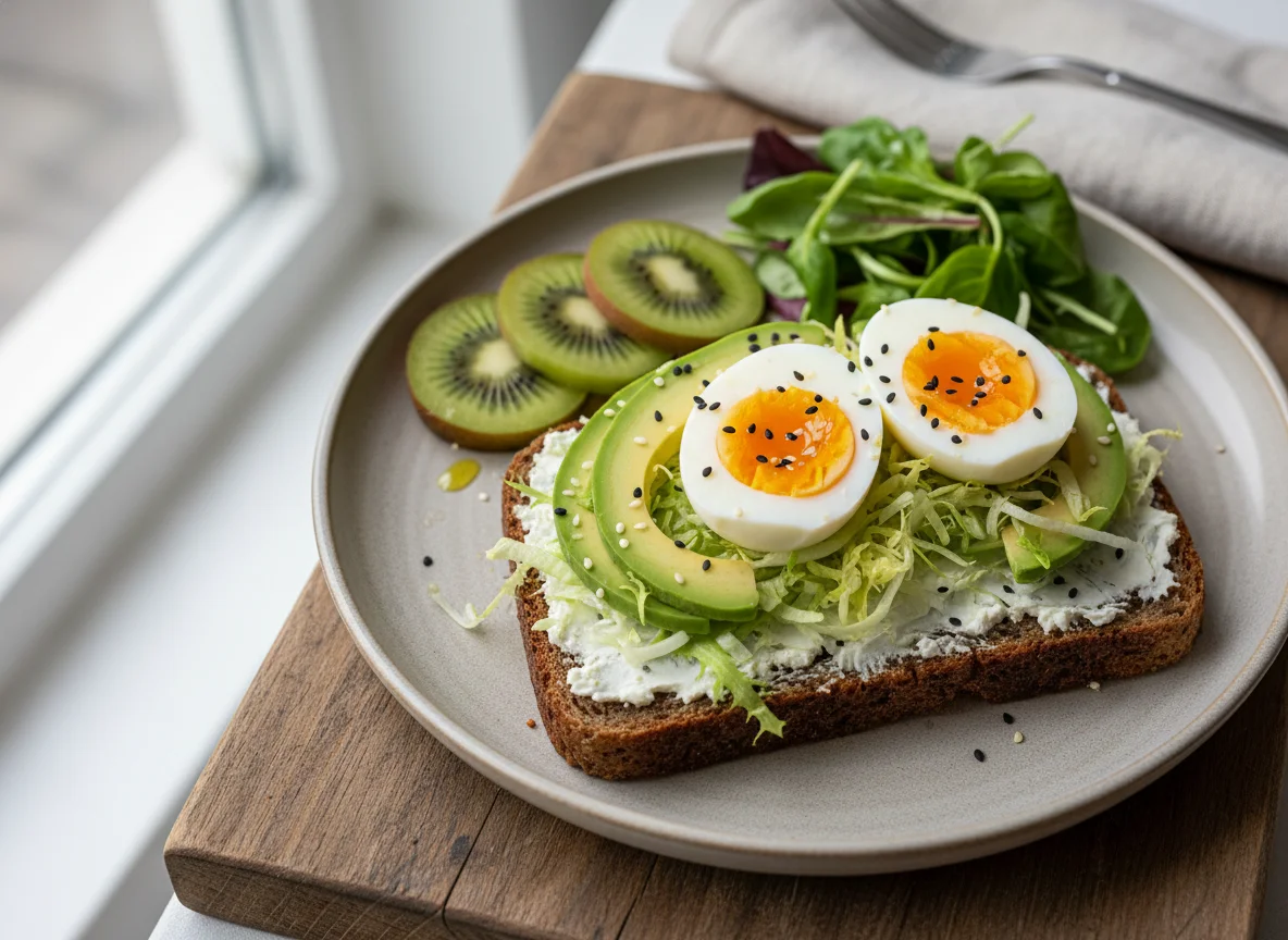 Vollkornbrot mit Ei, Avocado und Salat photo