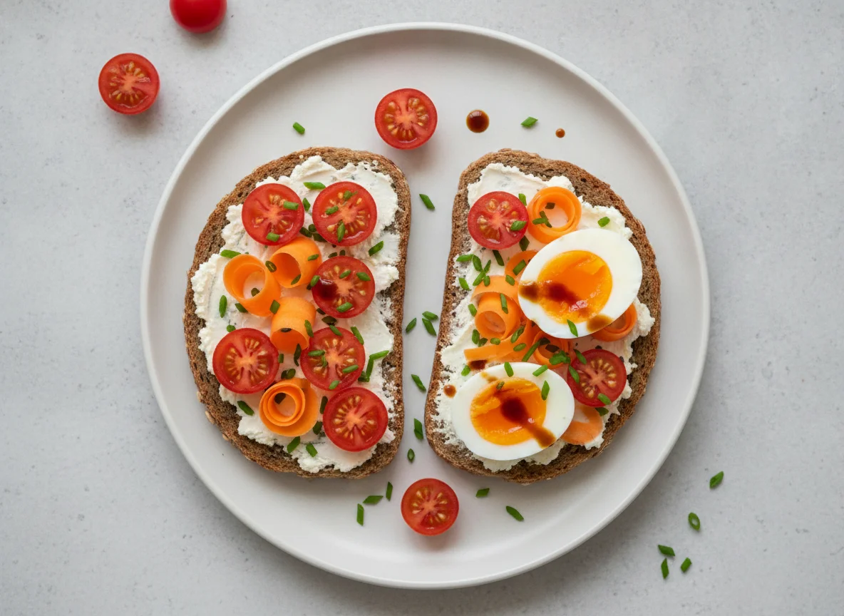 Vollkornbrot mit Ei, Frischkäse und Gemüse photo