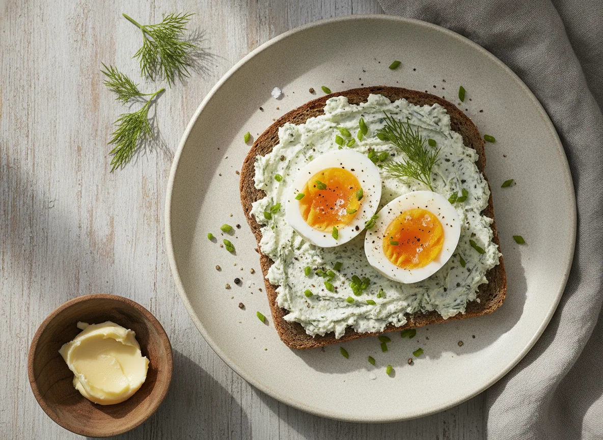 Vollkornbrot mit Ei und Aufstrich photo