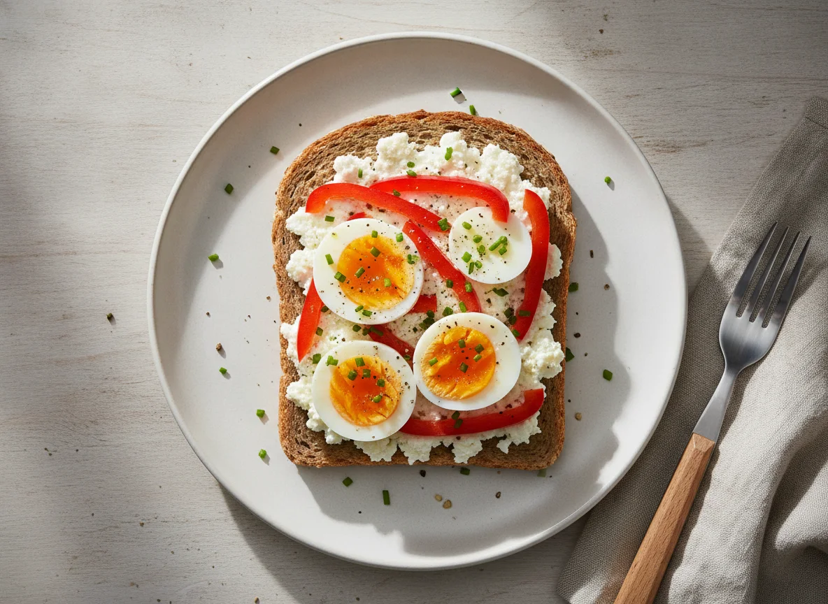 Vollkornbrot mit Ei und Hüttenkäse photo