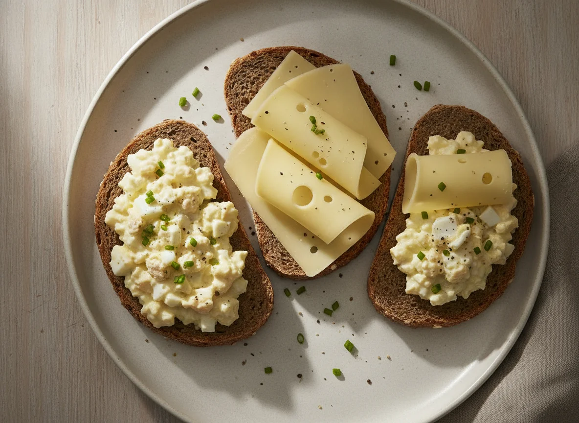 Vollkornbrot mit Eiersalat und Käse photo