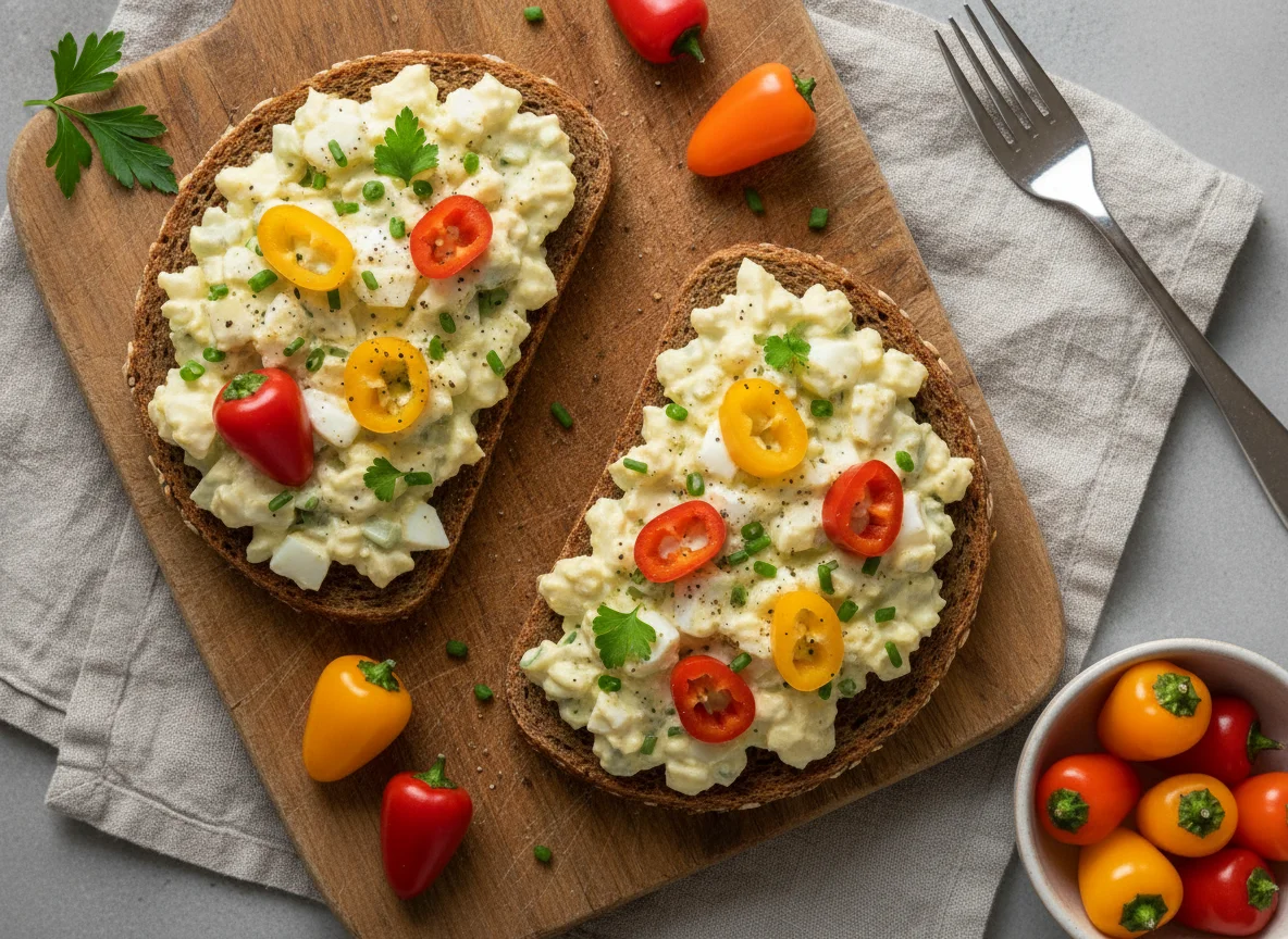 Vollkornbrot mit Eiersalat und Mini-Paprika photo