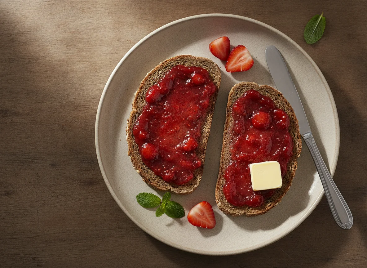 Vollkornbrot mit Erdbeerkonfitüre photo