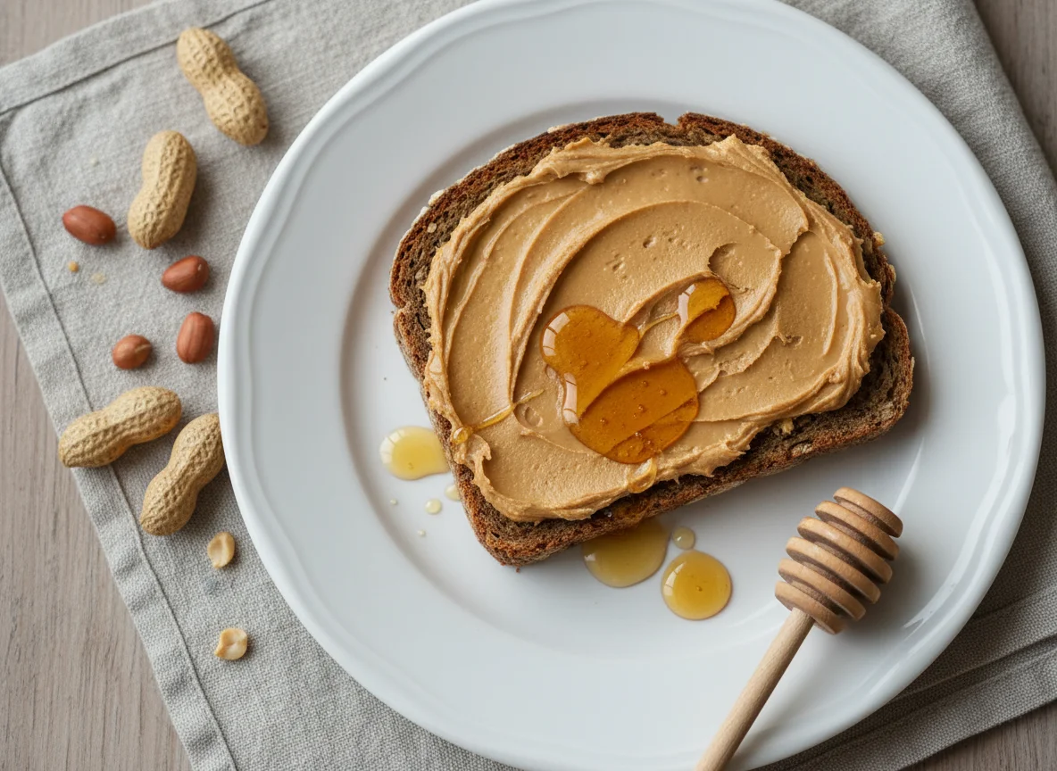 Vollkornbrot mit Erdnussbutter und Honig photo