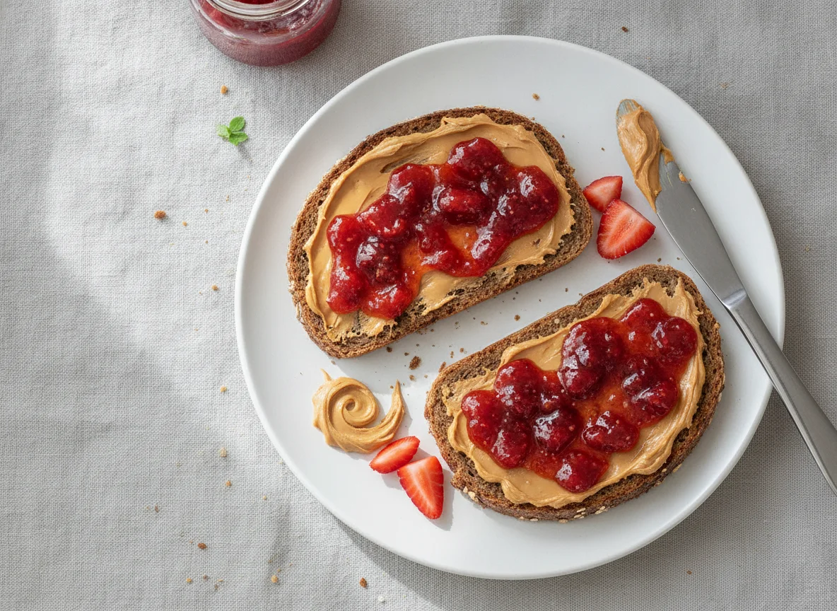 Vollkornbrot mit Erdnussbutter und Marmelade photo
