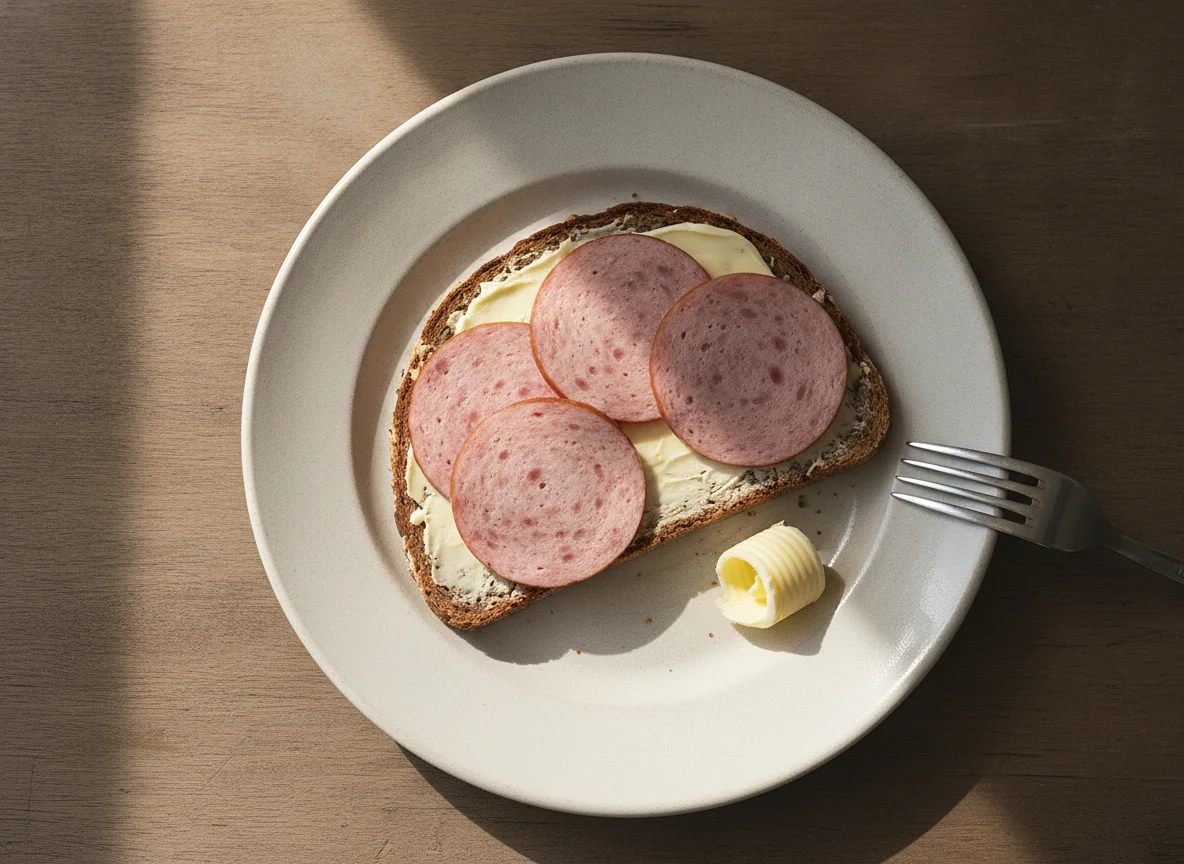 Vollkornbrot mit Fleischwurst und Butter photo