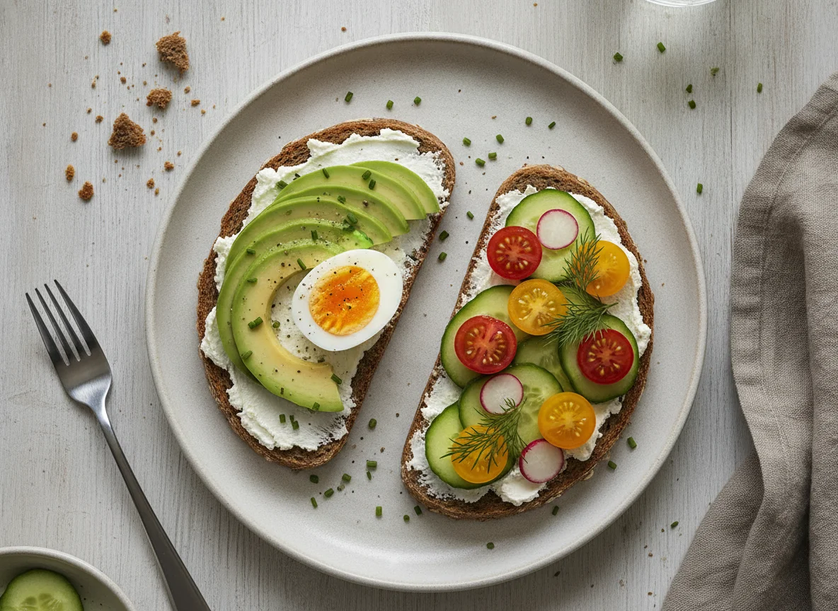 Vollkornbrot mit Frischkäse, Ei, Avocado und Gemüse photo