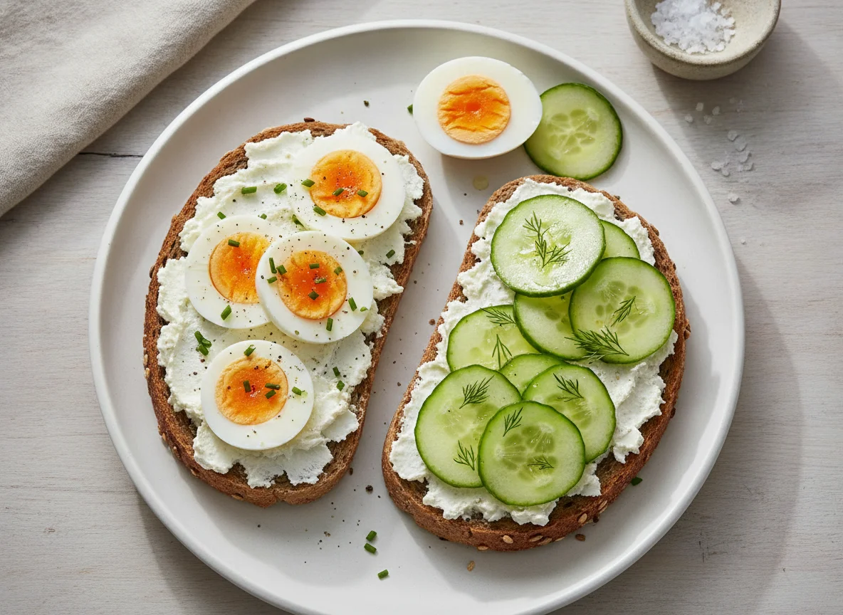 Vollkornbrot mit Frischkäse, Ei und Gurke photo