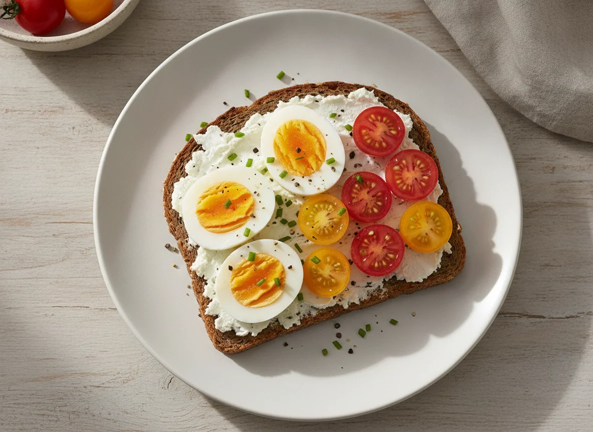 Vollkornbrot mit Frischkäse, Ei und Tomaten photo