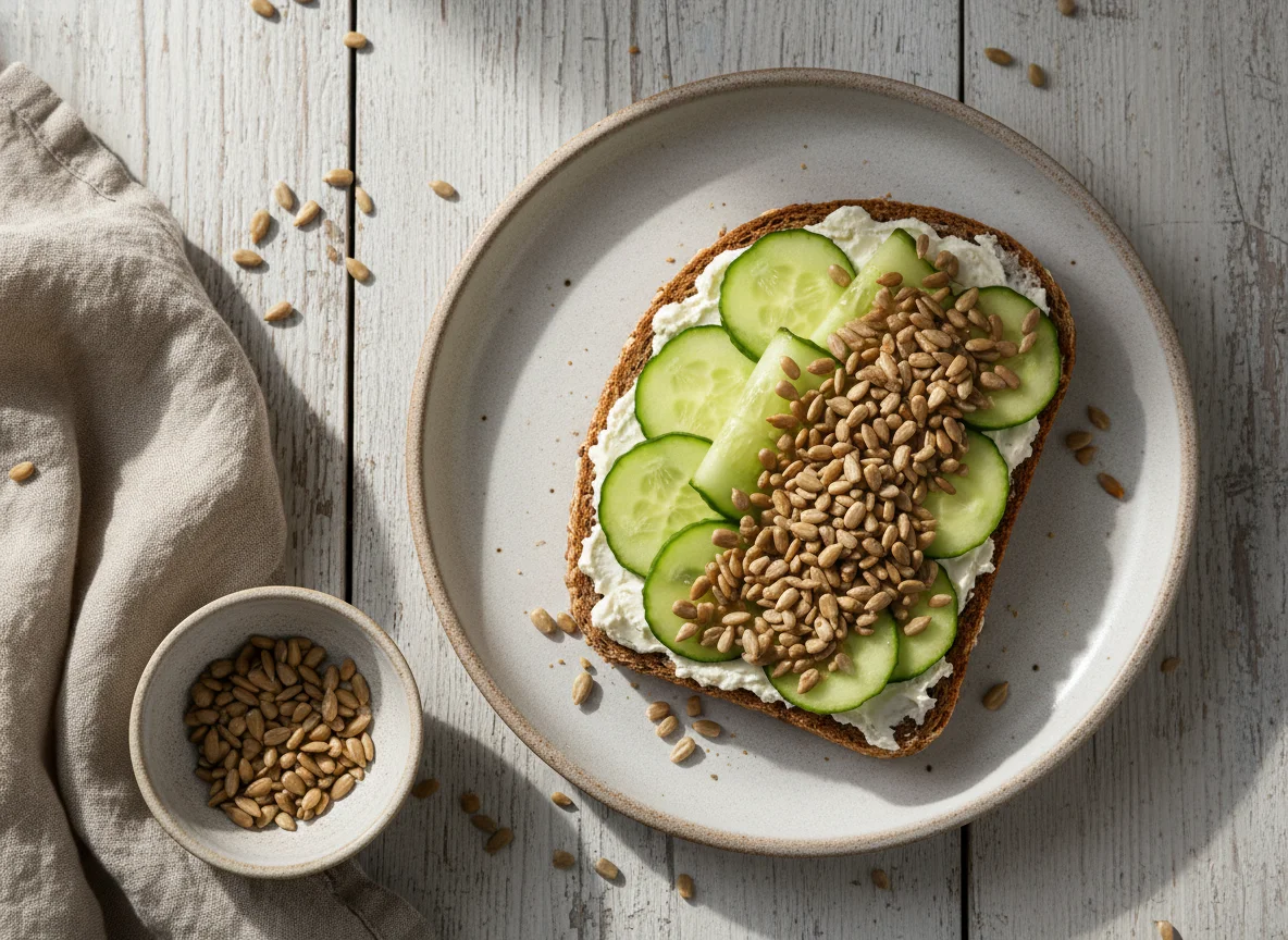 Vollkornbrot mit Frischkäse, Gurke und Sonnenblumenkernen photo