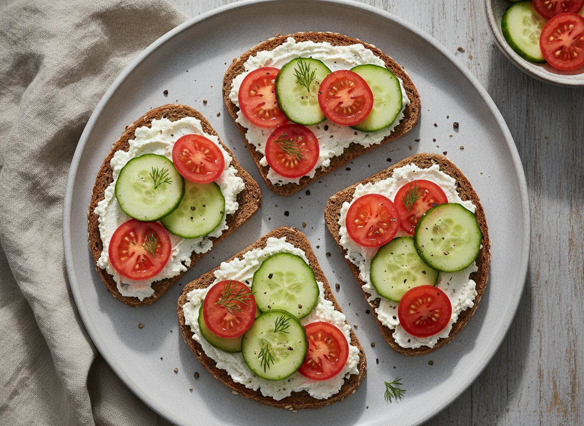 Vollkornbrot mit Frischkäse, Gurke und Tomate photo