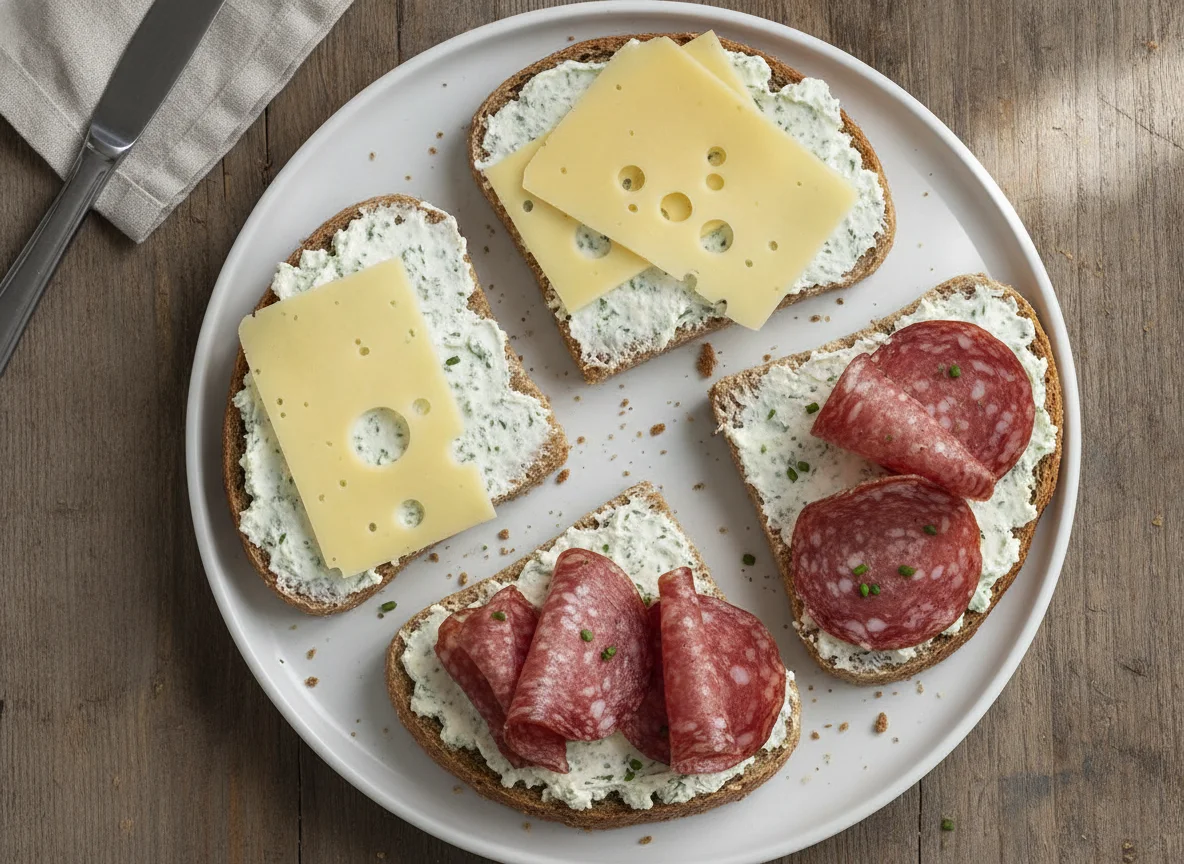 Vollkornbrot mit Frischkäse, Käse und Salami photo
