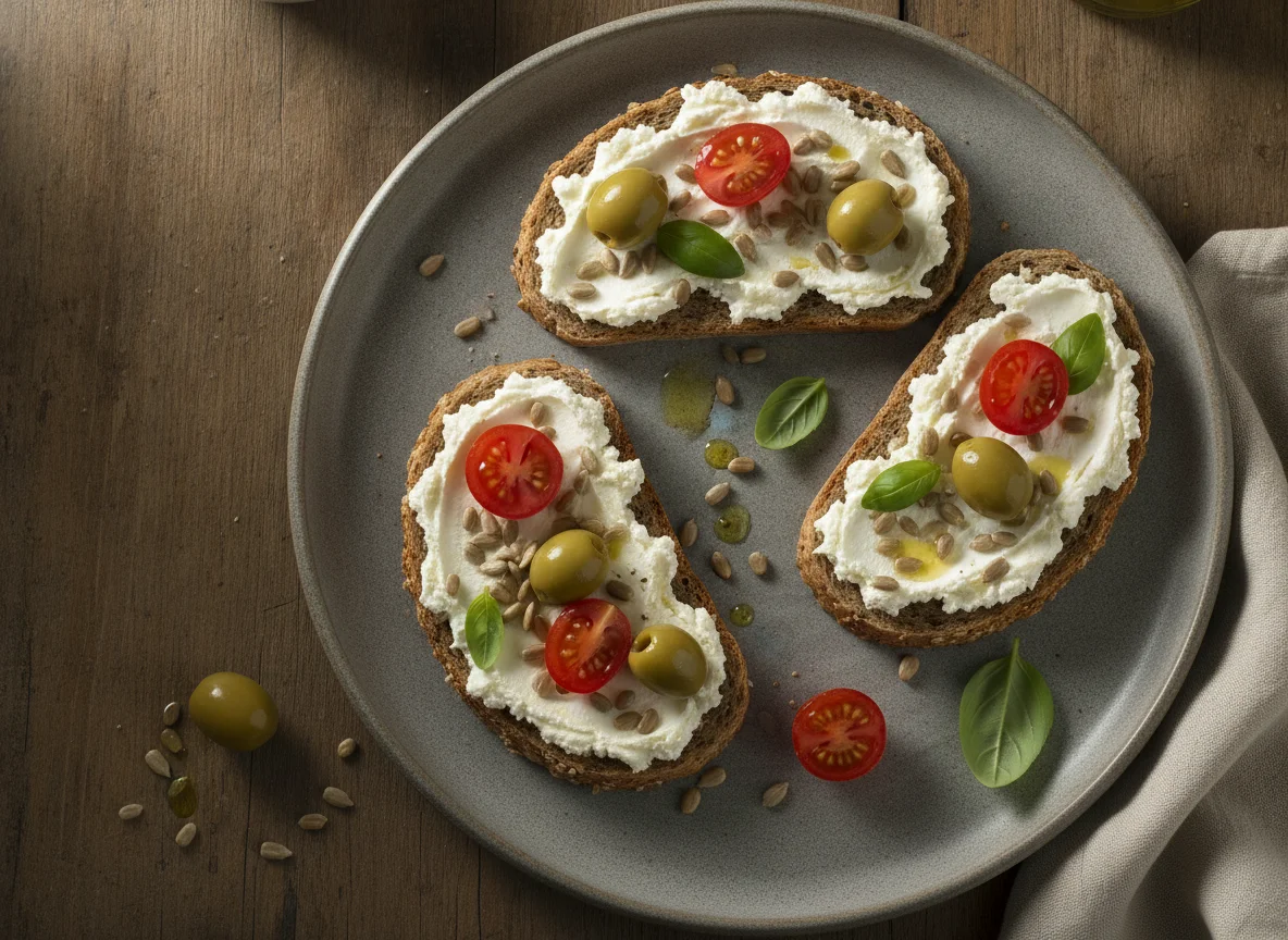 Vollkornbrot mit Frischkäse, Oliven und Tomaten photo