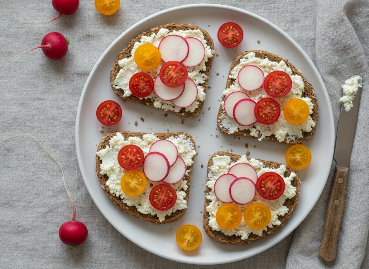 Vollkornbrot mit Frischkäse, Radieschen und Tomaten photo