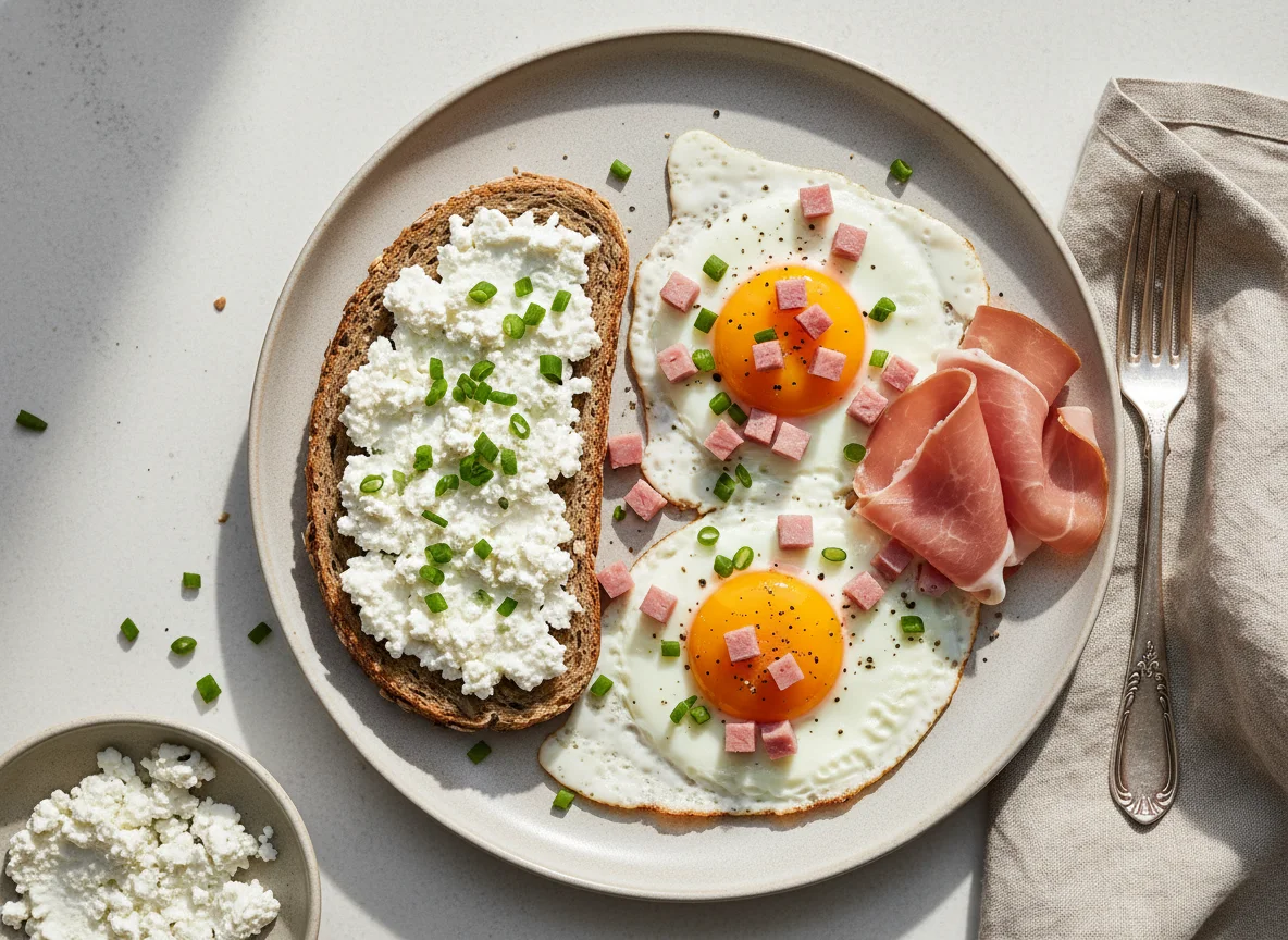 Vollkornbrot mit Frischkäse, Rohschinken und Spiegeleiern mit Schinkenwürfeln photo
