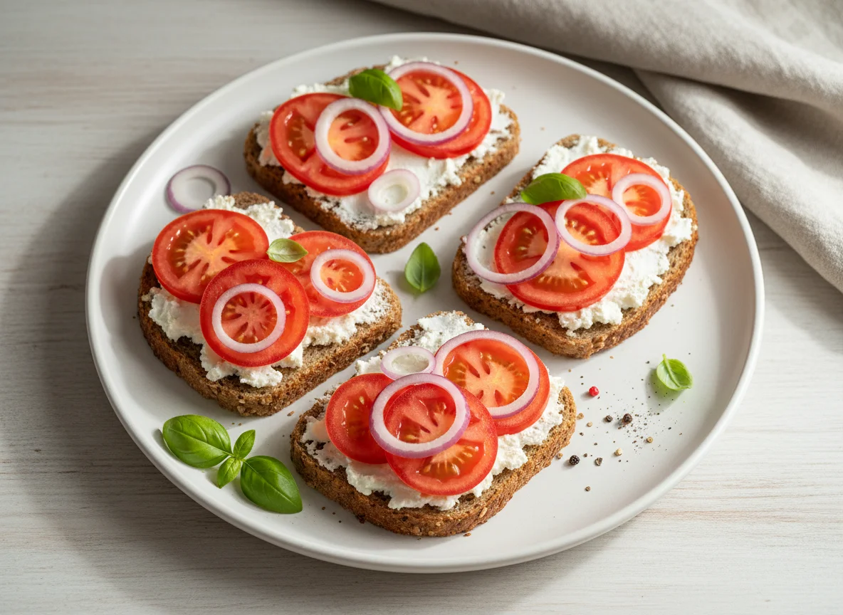 Vollkornbrot mit Frischkäse, Tomate, Zwiebel und Basilikum photo