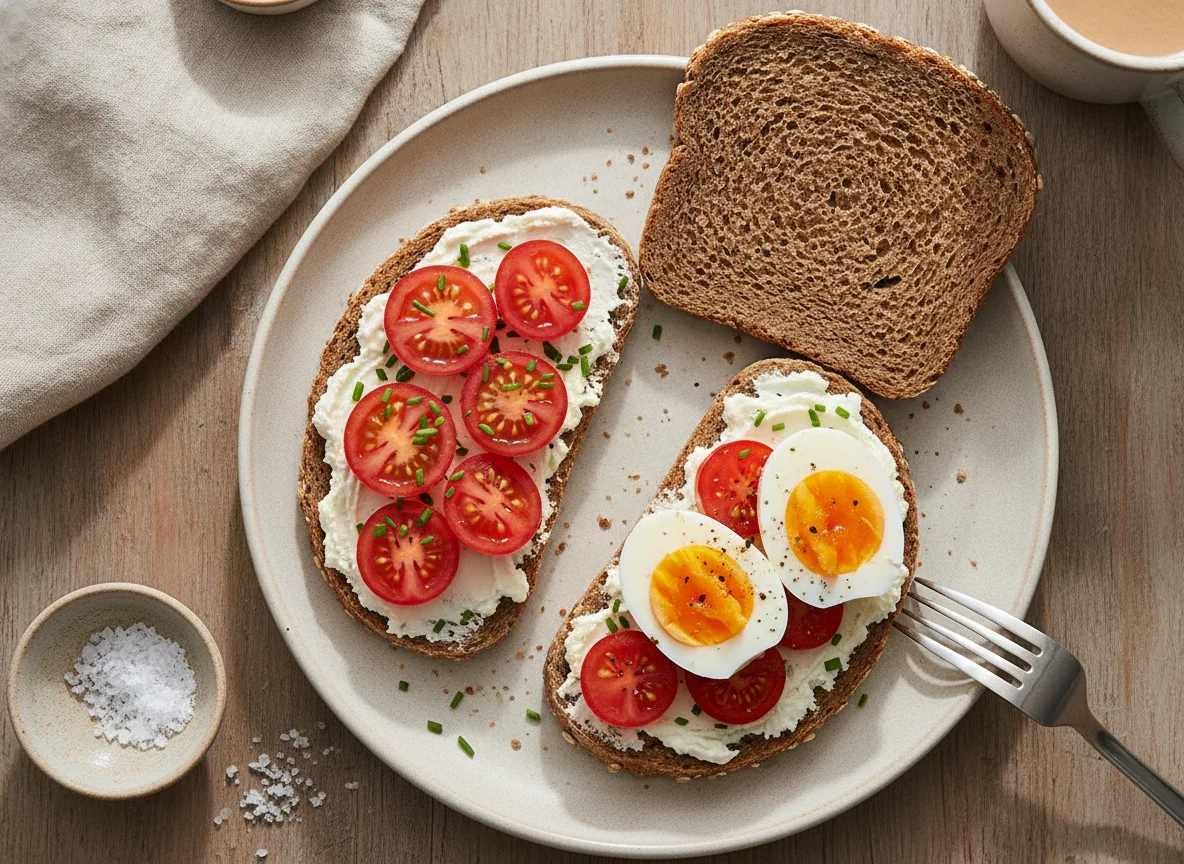 Vollkornbrot mit Frischkäse, Tomaten und gekochtem Ei photo