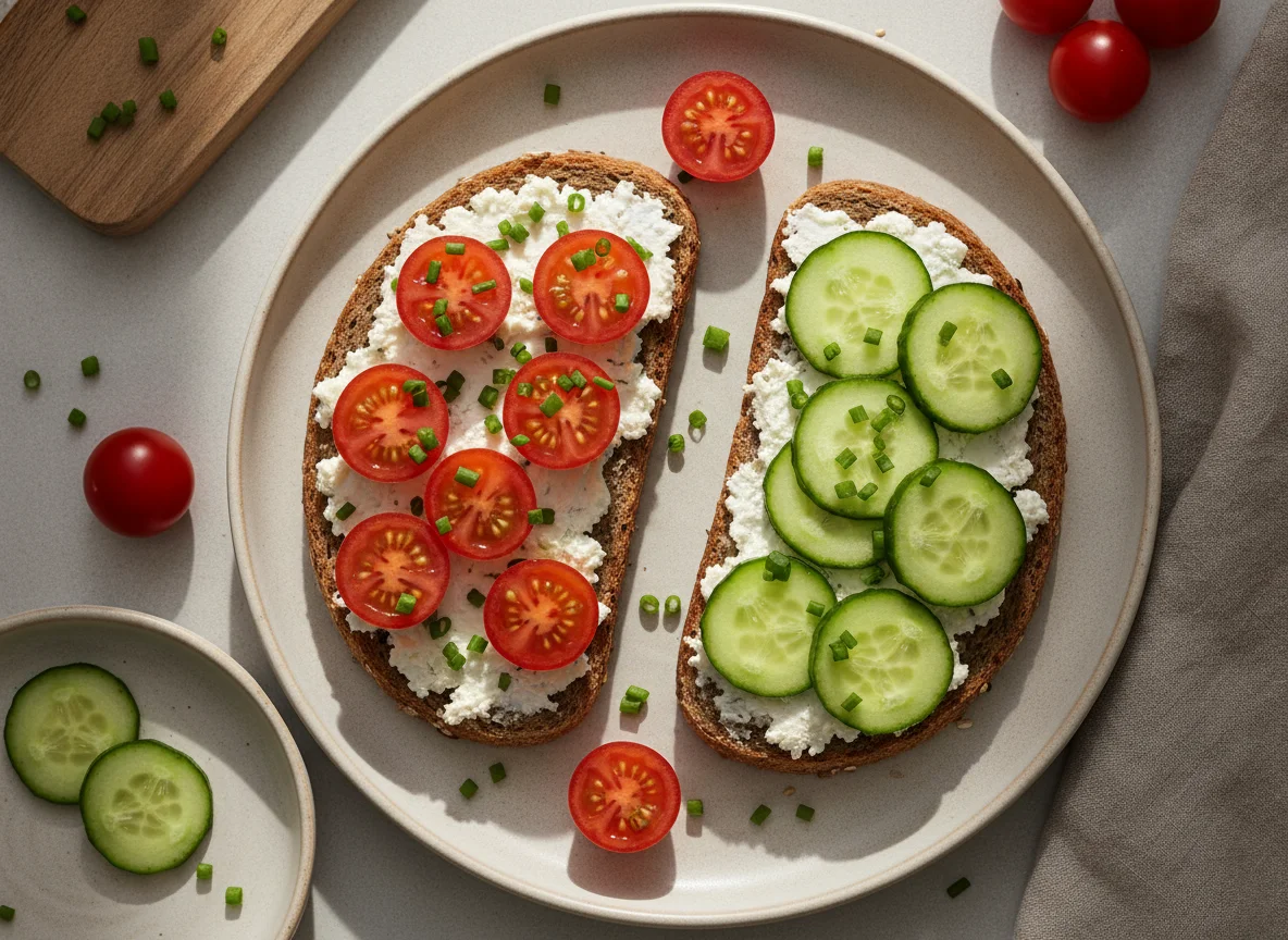 Vollkornbrot mit Frischkäse, Tomaten und Gurken photo