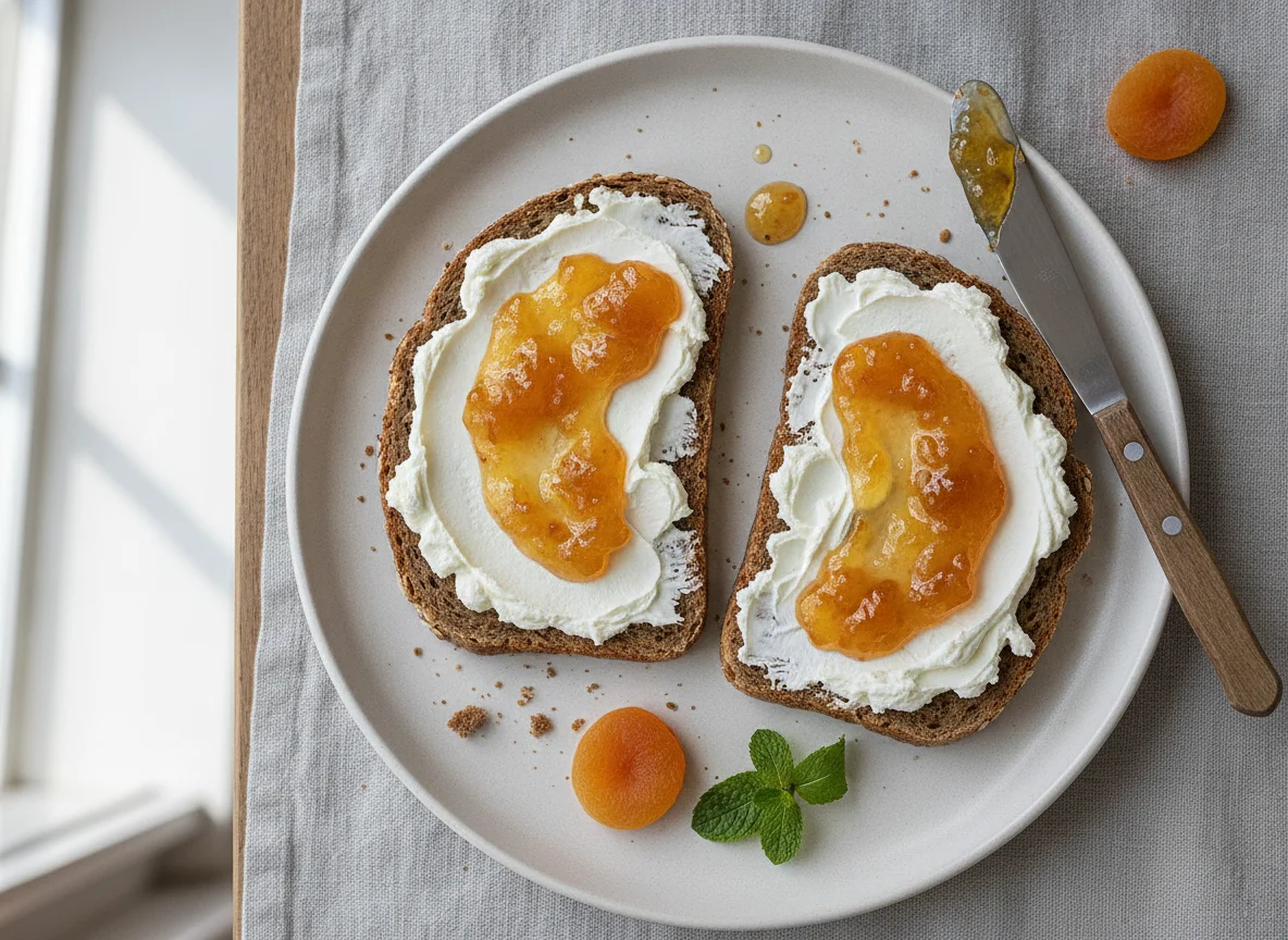 Vollkornbrot mit Frischkäse und Aprikosenmarmelade photo