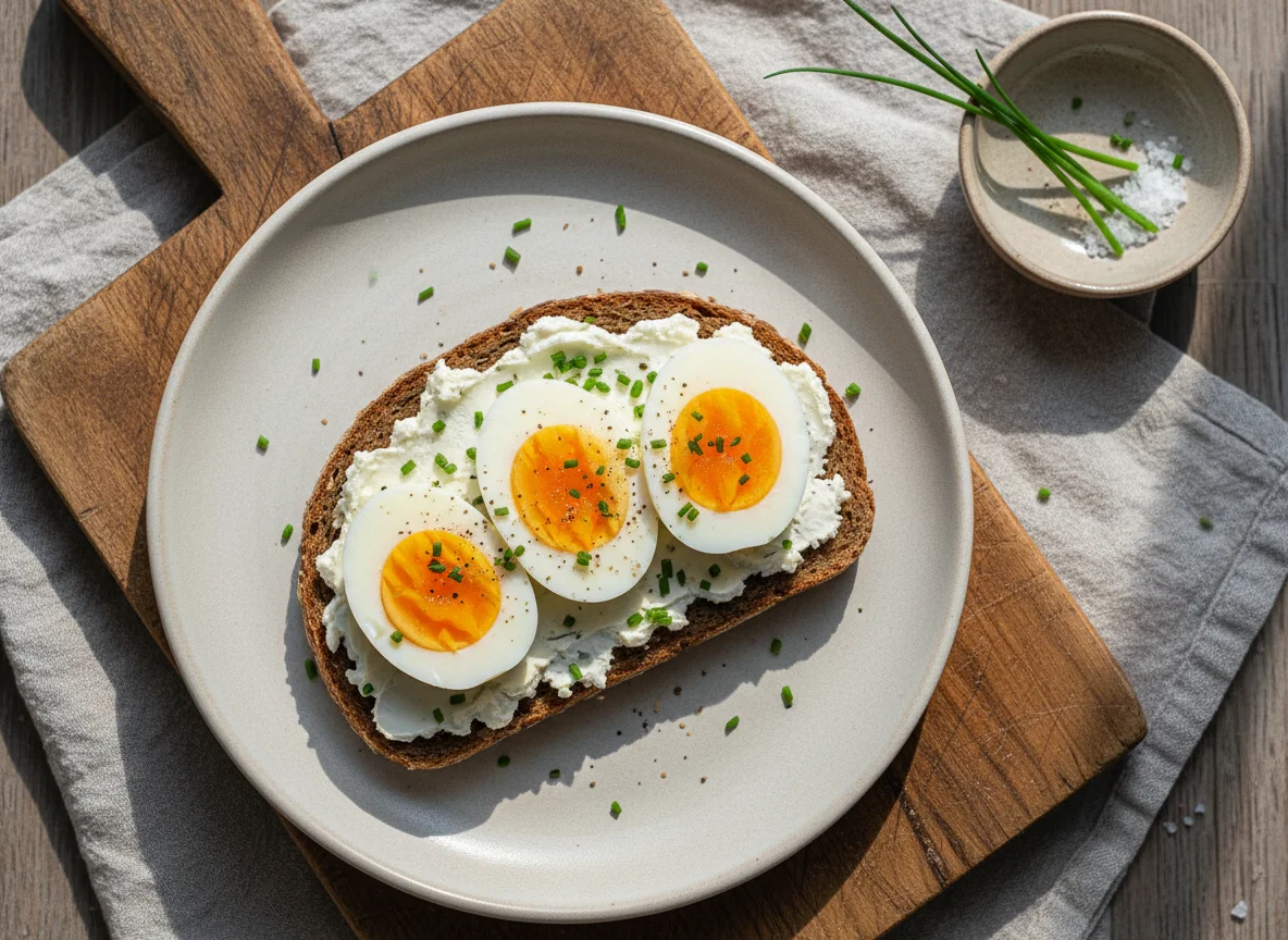 Vollkornbrot mit Frischkäse und Ei photo
