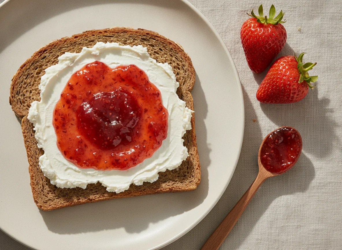 Vollkornbrot mit Frischkäse und Erdbeerkonfitüre photo