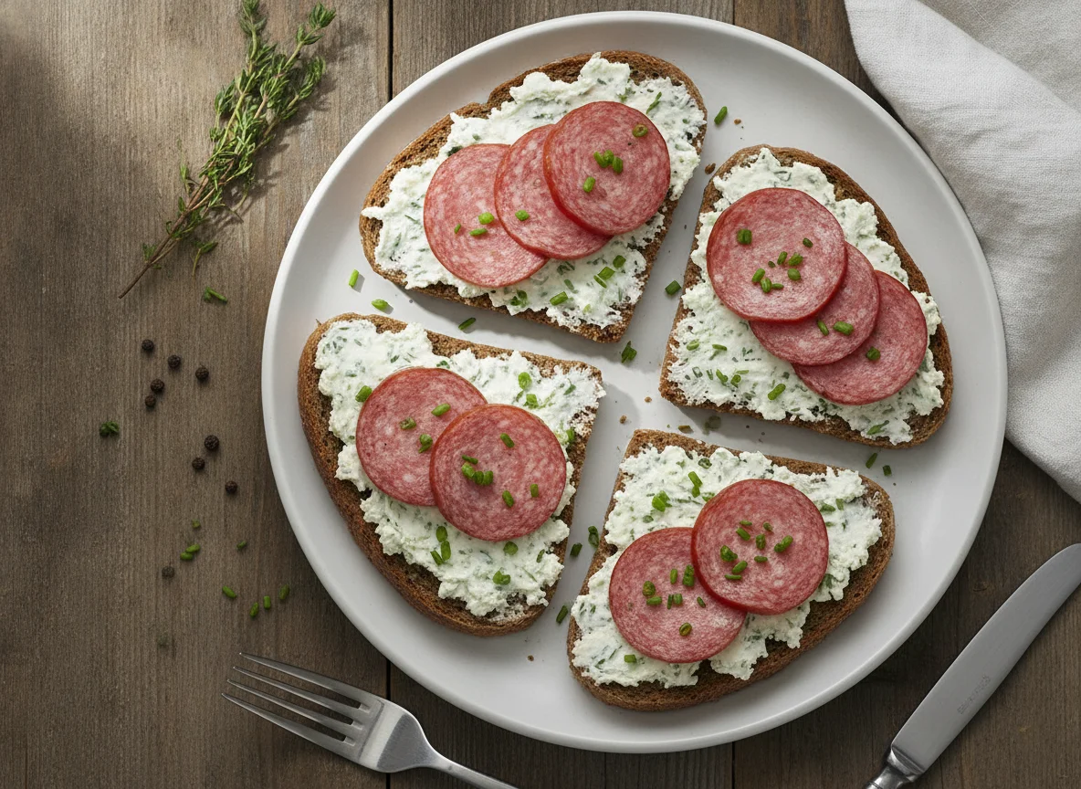 Vollkornbrot mit Frischkäse und Fleischwurst photo