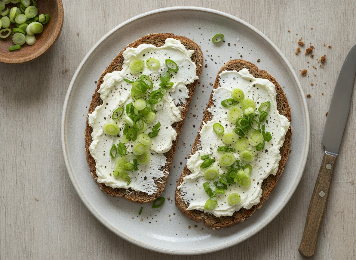 Vollkornbrot mit Frischkäse und Frühlingszwiebeln photo