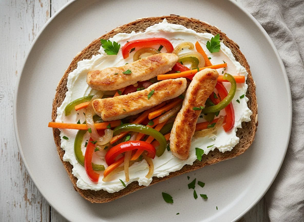 Vollkornbrot mit Frischkäse und gebratenem Gemüse photo