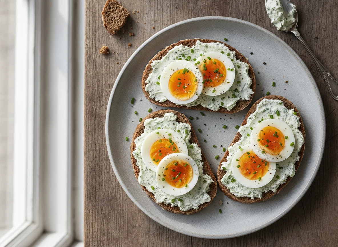 Vollkornbrot mit Frischkäse und gekochtem Ei photo