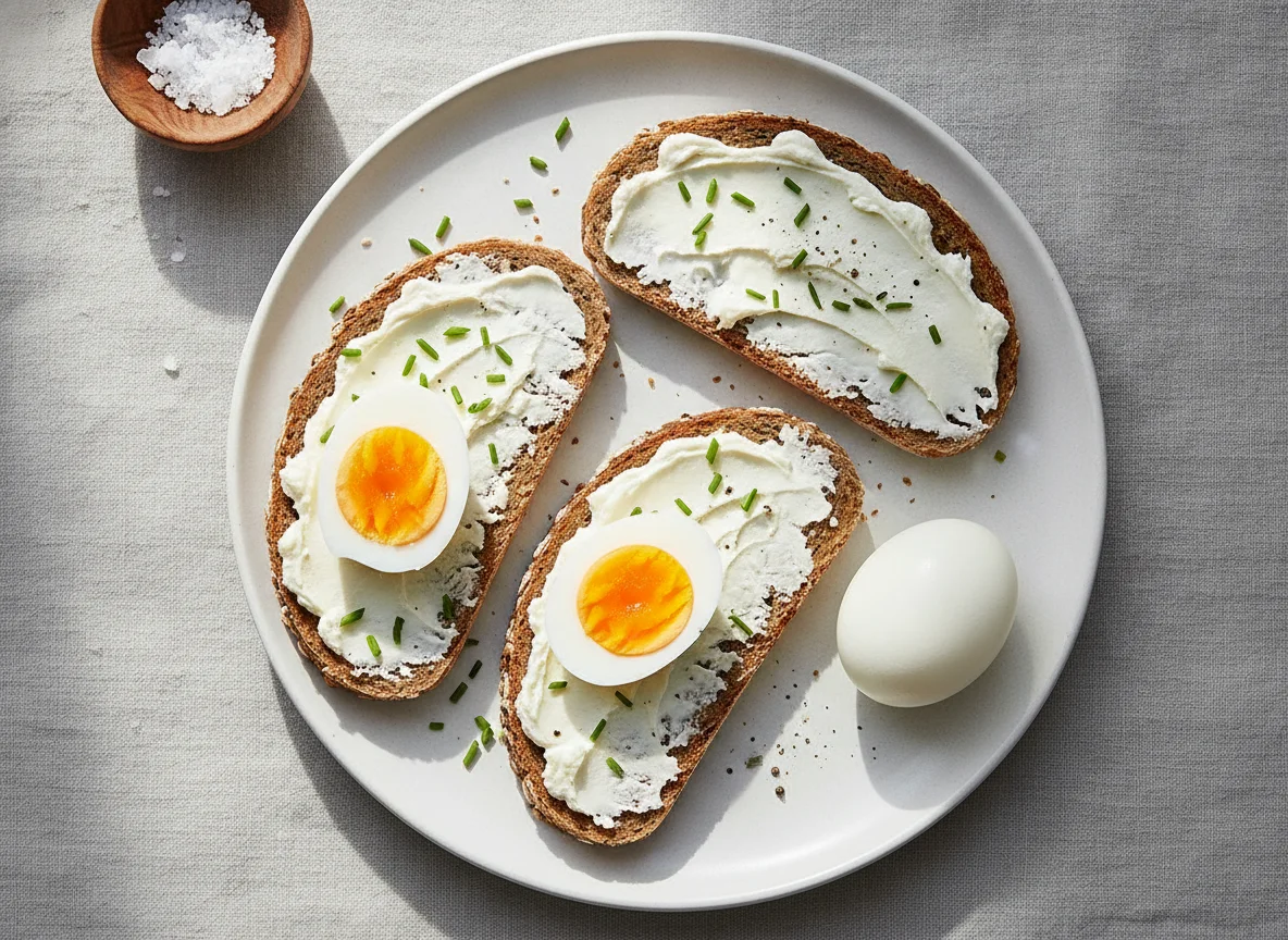 Vollkornbrot mit Frischkäse und gekochten Eiern photo