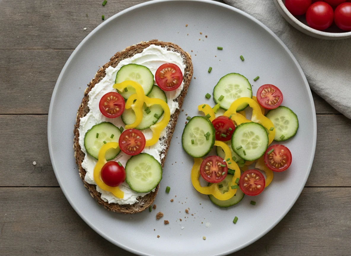 Vollkornbrot mit Frischkäse und Gemüsebeilage photo