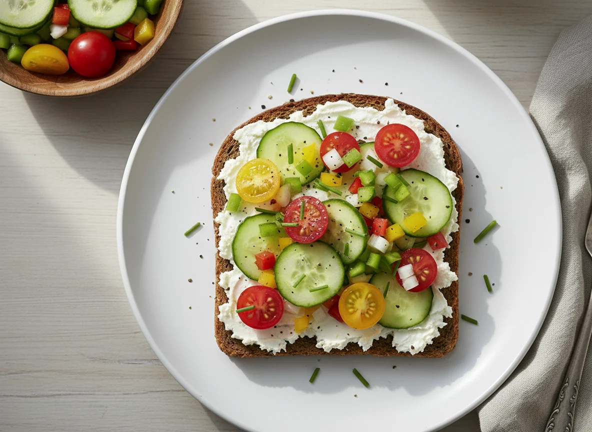 Vollkornbrot mit Frischkäse und Gemüsesalat photo