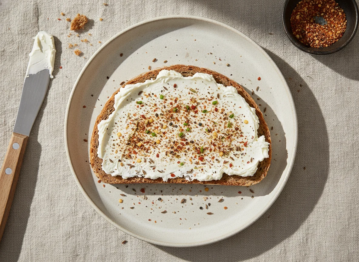 Vollkornbrot mit Frischkäse und Gewürzen photo