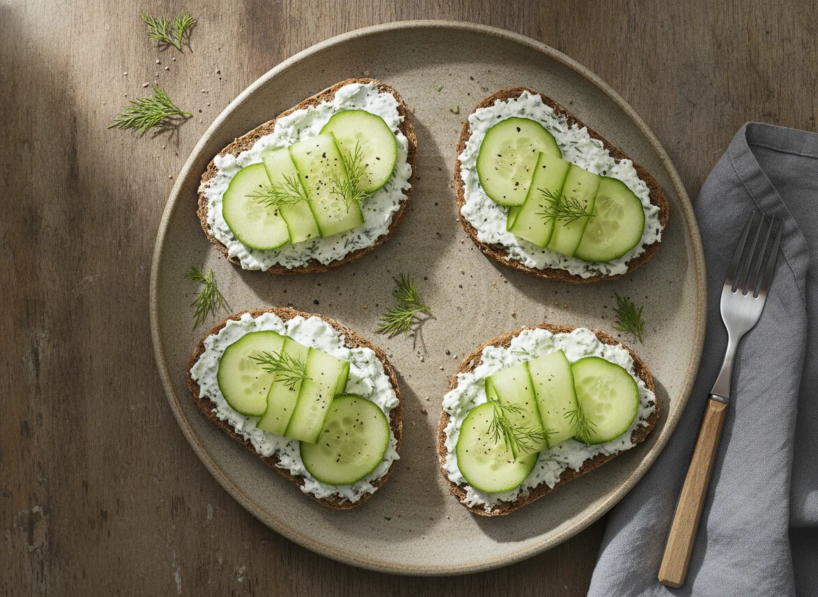 Vollkornbrot mit Frischkäse und Gurkenscheiben photo