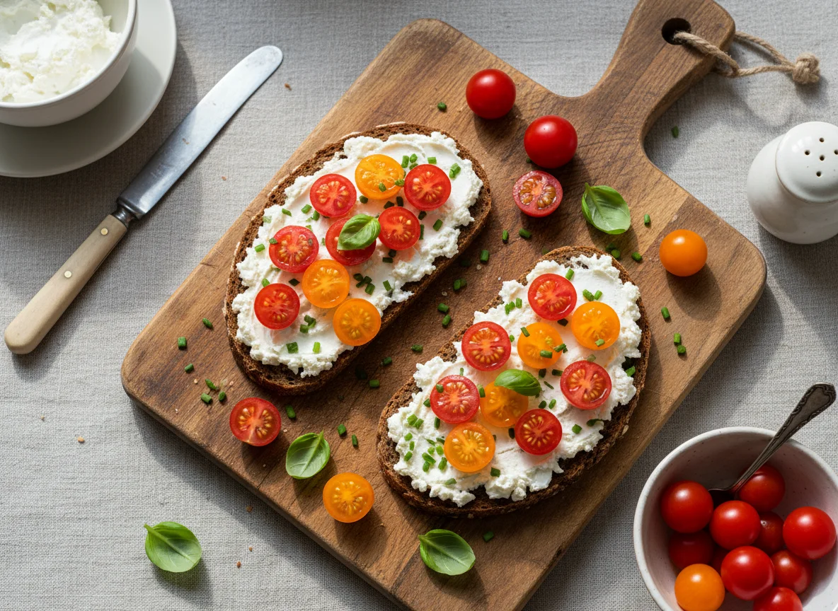 Vollkornbrot mit Frischkäse und Kirschtomaten photo