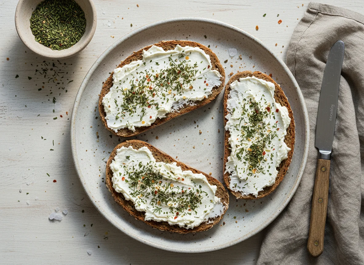 Vollkornbrot mit Frischkäse und Kräutern photo