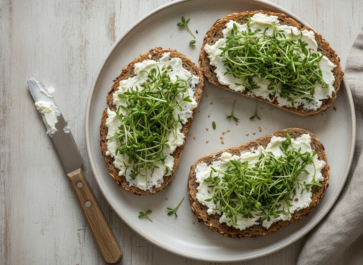 Vollkornbrot mit Frischkäse und Kresse photo