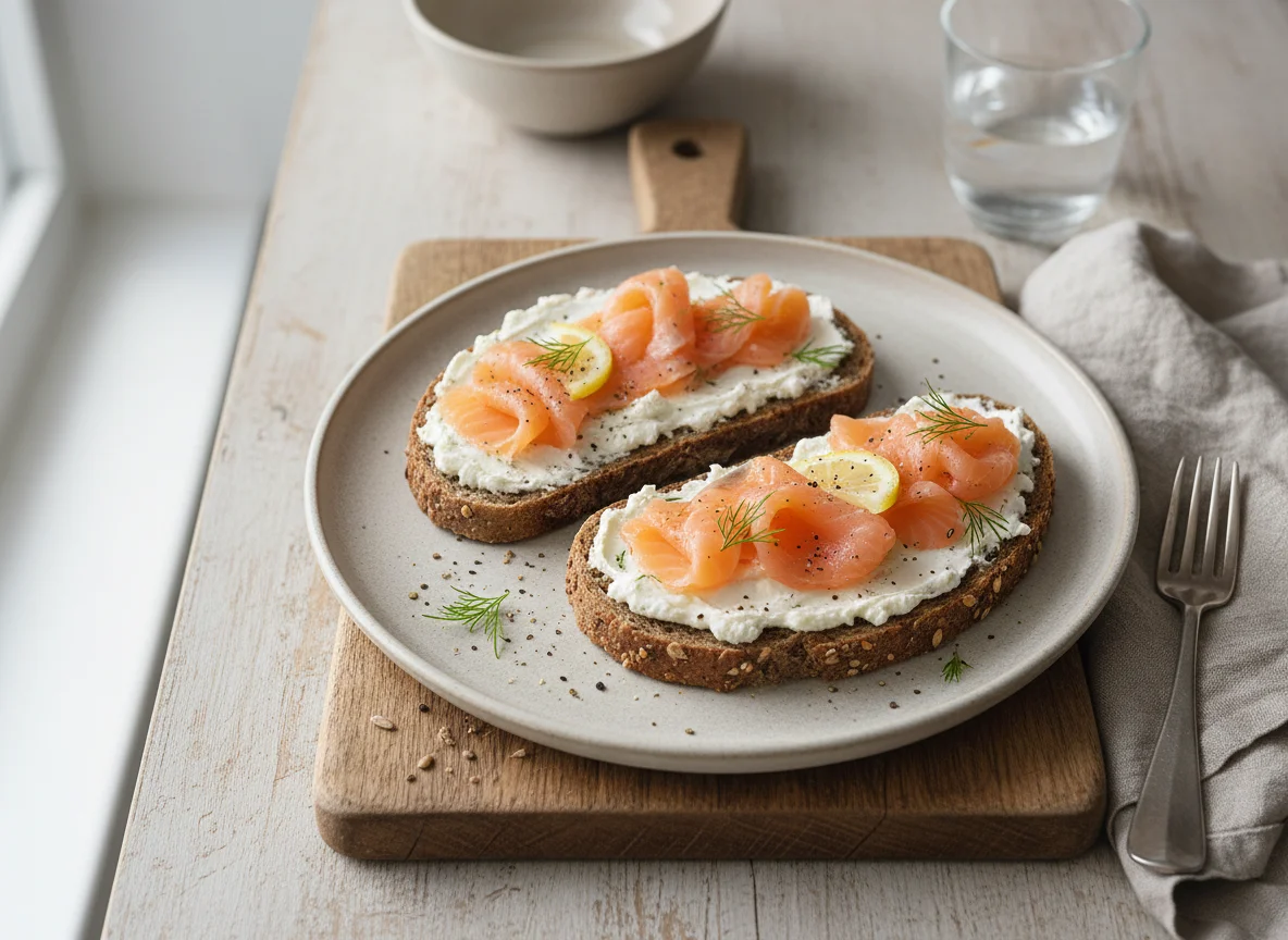 Vollkornbrot mit Frischkäse und Lachs photo