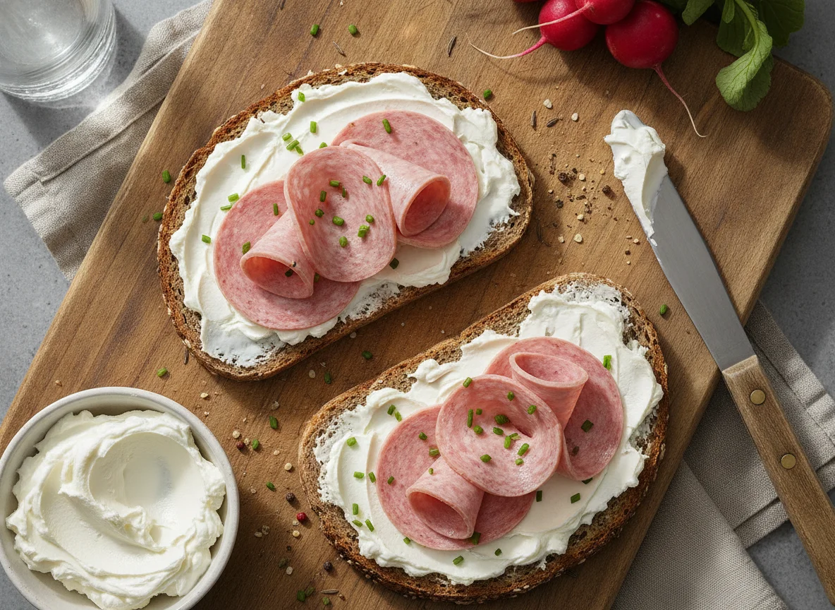 Vollkornbrot mit Frischkäse und Lyoner photo