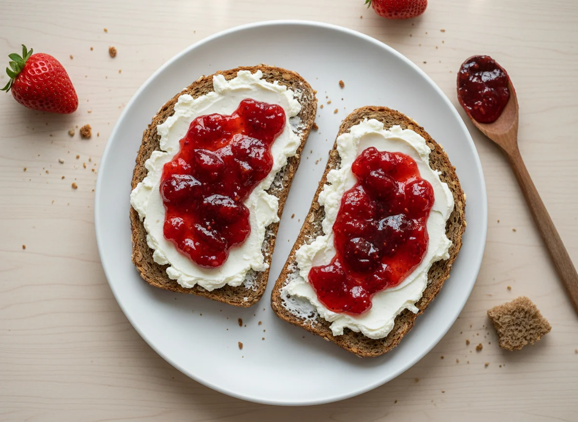 Vollkornbrot mit Frischkäse und Marmelade photo
