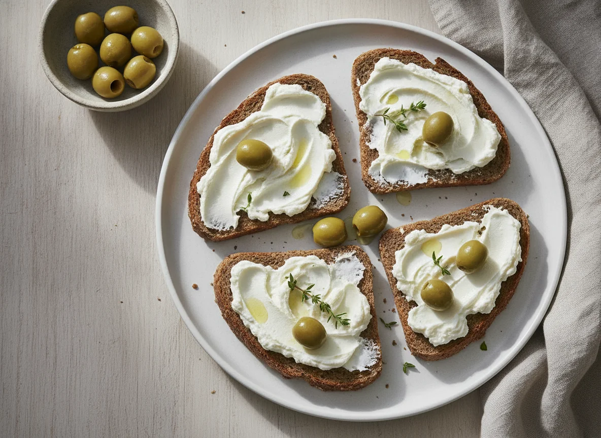 Vollkornbrot mit Frischkäse und Oliven photo