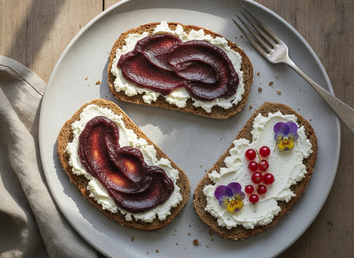 Vollkornbrot mit Frischkäse und Pflaumenmus photo
