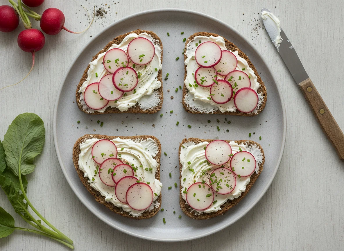 Vollkornbrot mit Frischkäse und Radieschen photo