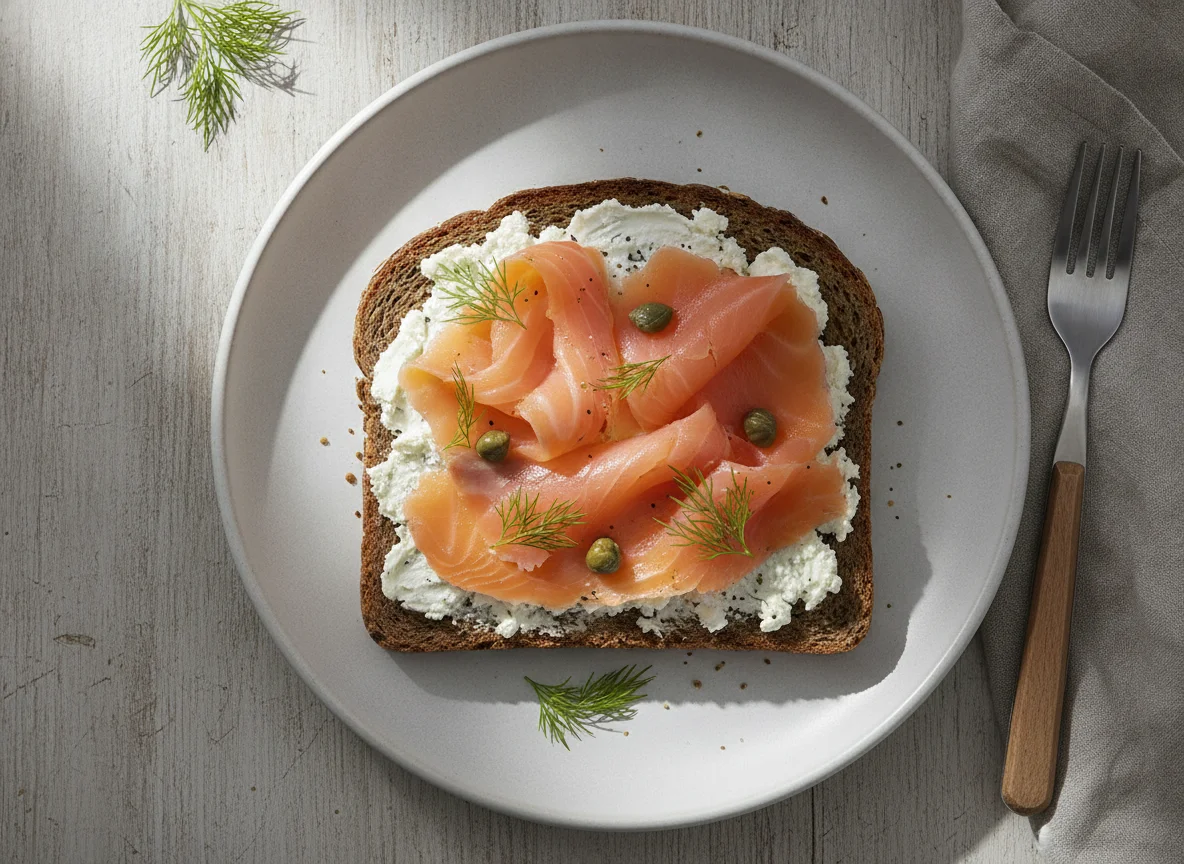 Vollkornbrot mit Frischkäse und Räucherlachs photo