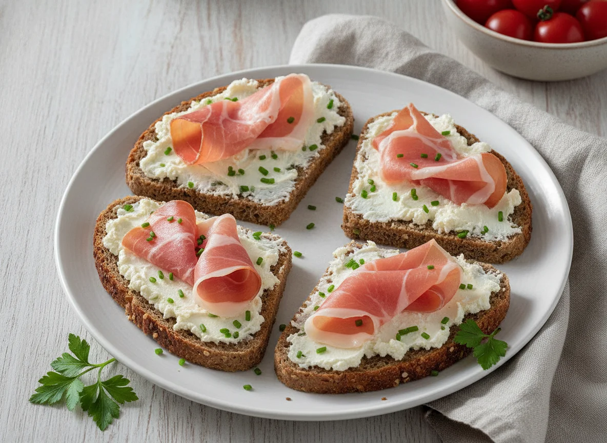 Vollkornbrot mit Frischkäse und Rohschinken photo