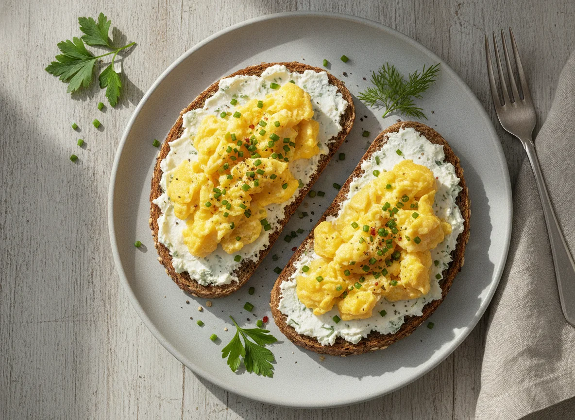 Vollkornbrot mit Frischkäse und Rührei photo
