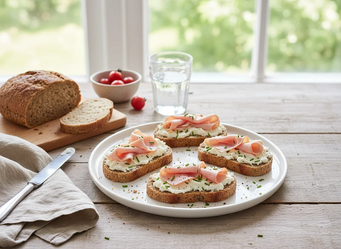 Vollkornbrot mit Frischkäse und Schinken photo